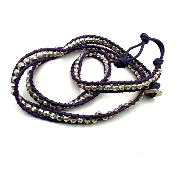 Purple Leather Silver Bead Wrap Bracelet Boho Coastal Cowgirl Western Casual - Picture 1 of 6